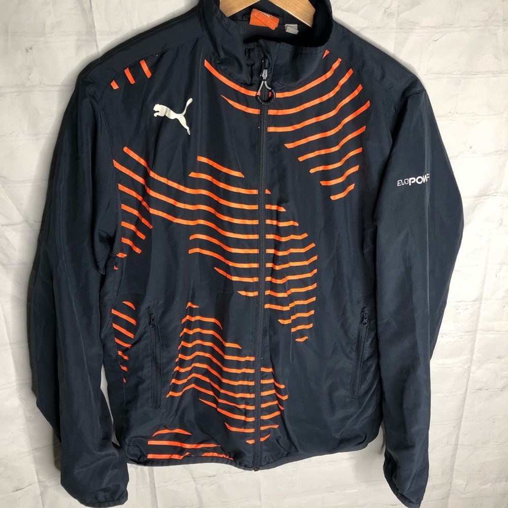Puma Men's Windbreaker Full Zip Jacket Grey Orange striped EvoPower logo Small
